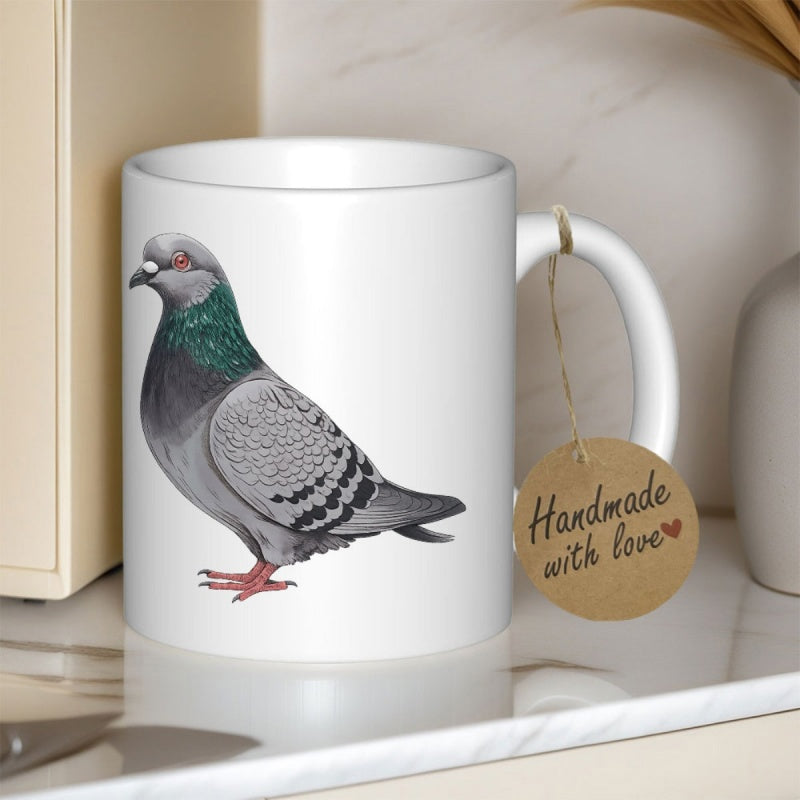 Tailorly White Ceramic 11 oz Mug - Realistic Grey Urban Bird Standing Still With Detailed Feather Textures Pigeon