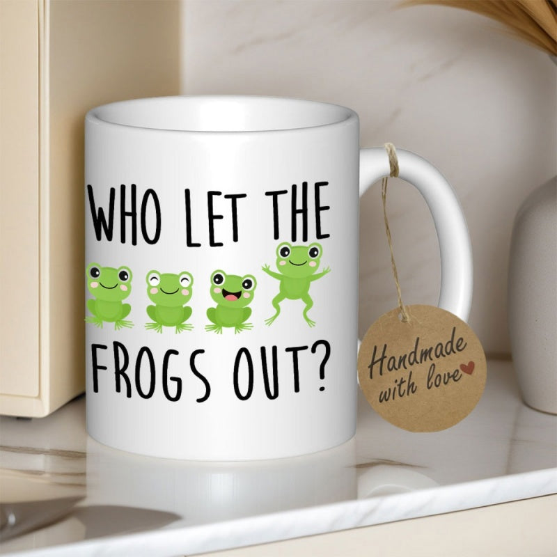 Tailorly White Ceramic 11 oz Mug - Who Let The Frogs Out Adorable Small Green Cartoon Animals Sitting And Jumping In Row Frog