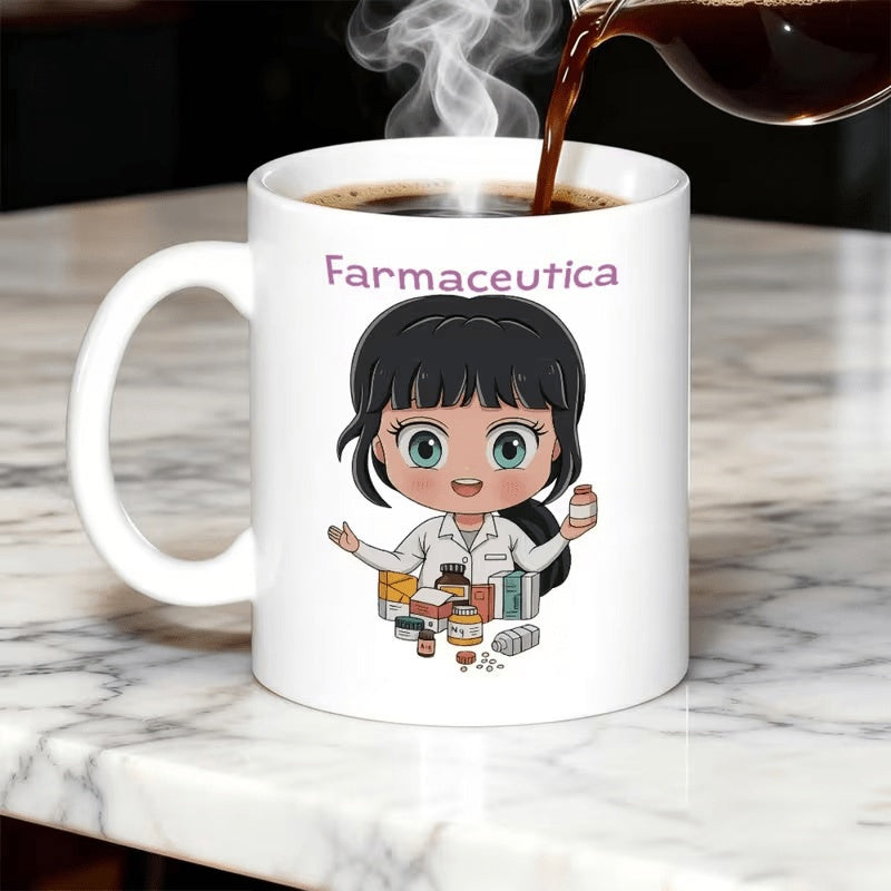 Tailorly White Ceramic 11 oz Mug - Chibi Style Female Doctor Wearing Lab Coat Surrounded By Medicine Bottles Pharmacist