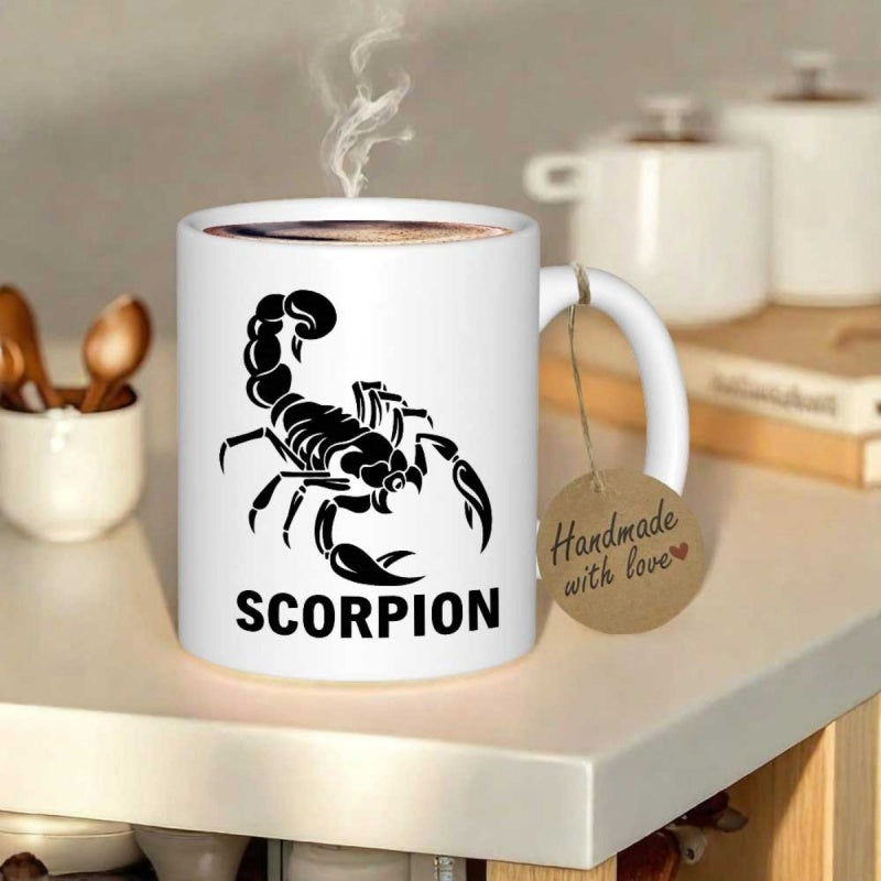 Tailorly White Ceramic 11 oz Mug - Scorpion Bold Minimalist Black Silhouette Of A Stinging Desert Creature Scorpion