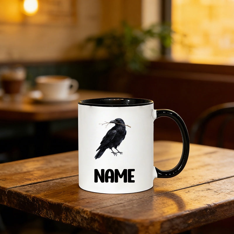 Tailorly Black Accent 11 oz Mug - a crow holding a branch