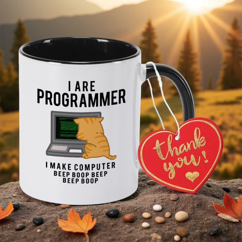 Tailorly Black Accent 11 oz Mug - "with i are programmer" text