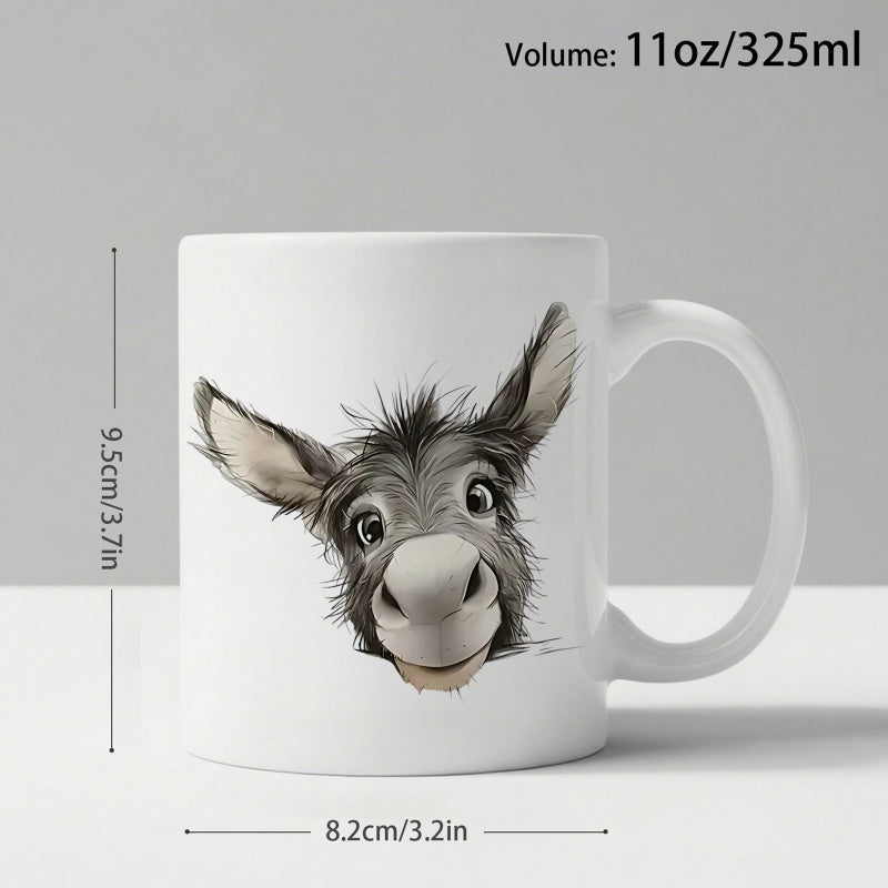 Tailorly White Ceramic 11 oz Mug - Cute Smiling Animal Head With Large Ears And Detailed Grey Fur Donkey