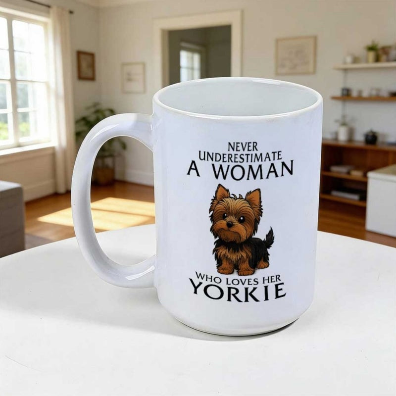 Tailorly White Ceramic 11 oz Mug - Never Underestimate A Woman Who Loves Her Yorkie Small Brown And Black Furry Puppy Sitting Calmly With Large Eyes Yorkie