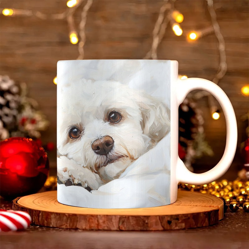 Tailorly White Ceramic 11 oz Mug - Adorable Little White Puppy Resting Peacefully Within Soft Snowy Textures Dog