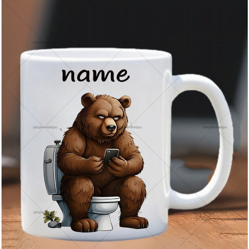 Tailorly White Ceramic 11 oz Mug - Name Humorous Brown Animal Sitting On A White Toilet Holding A Smartphone Bear