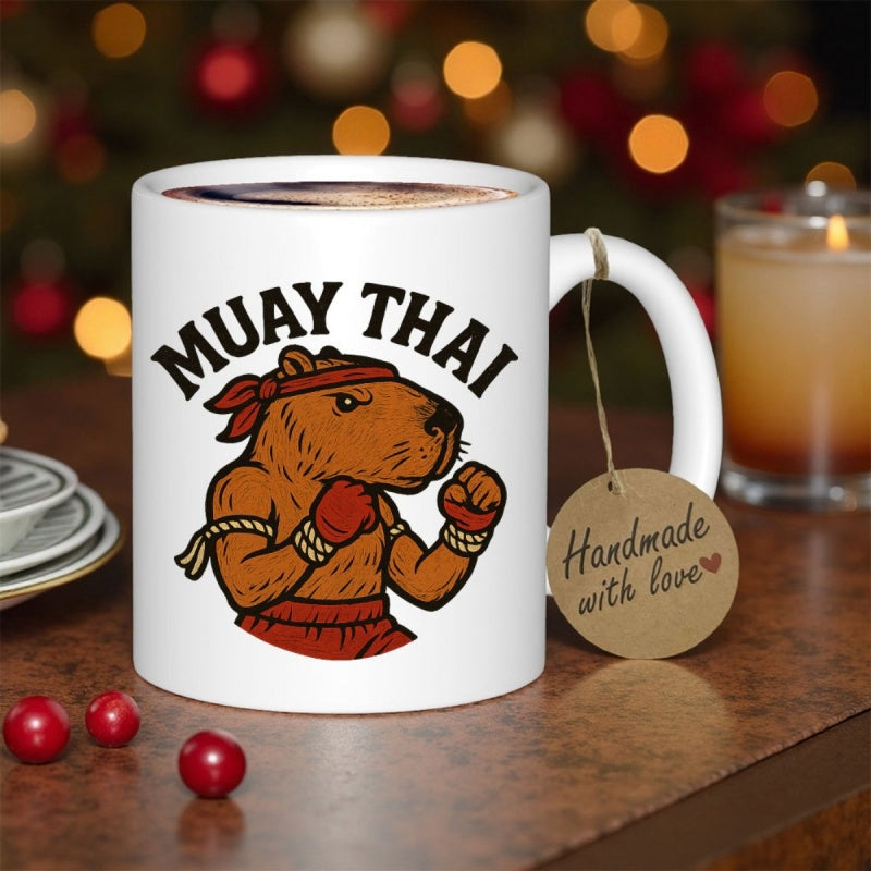 Tailorly White Ceramic 11 oz Mug - Muay Thai Muscular Capybara Wearing Red Boxing Gear Standing In Fighter Stance Capybara