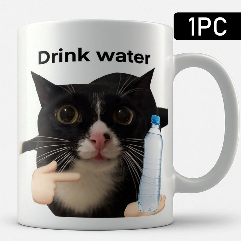 Tailorly White Ceramic 11 oz Mug - Drink Water Funny Black And White Cat Holding Pure Mineral Water Bottle Cat
