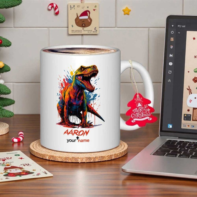 Tailorly White Ceramic 11 oz Mug - Aaron Vibrant Multi Colored Splatter Art Tyrannosaurus Rex With Open Mouth Dinosaur