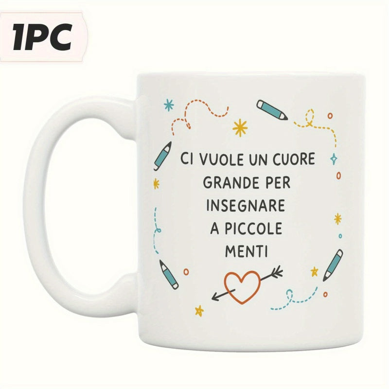 Tailorly White Ceramic 11 oz Mug - Colorful School Doodles With Pencils And Stars Around A Tiny Arrowed Heart