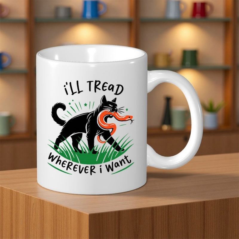 Tailorly White Ceramic 11 oz Mug - Ill Tread Wherever I Want Majestic Black Cat Biting A Snake While Walking On Grass Cat
