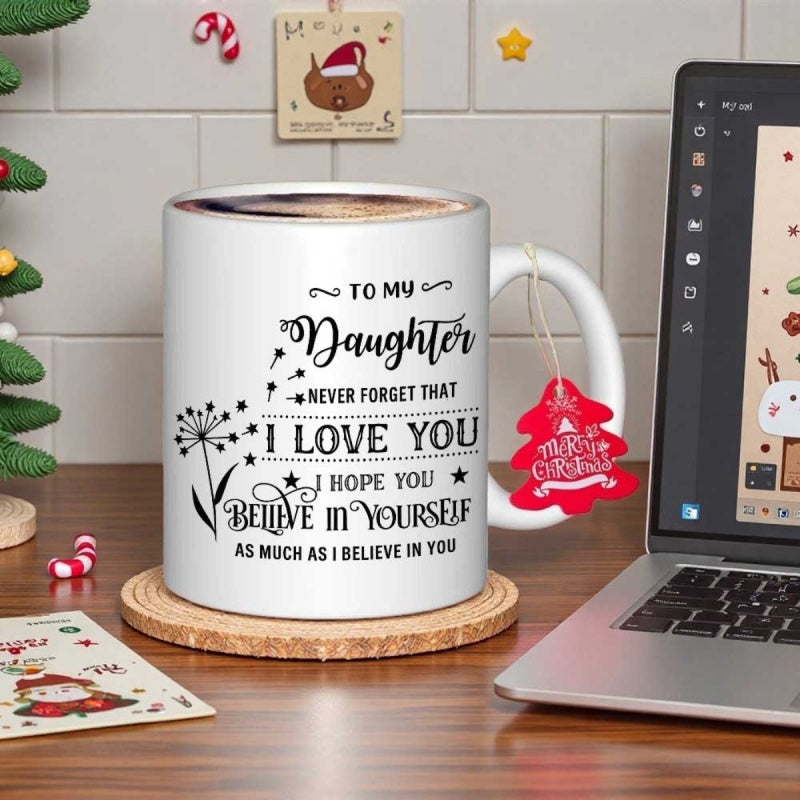Tailorly White Ceramic 11 oz Mug - To My Daughter I Love You Believe In Yourself Delicate Dandelion Seeds Blowing Gracefully Across A Minimalist White Background