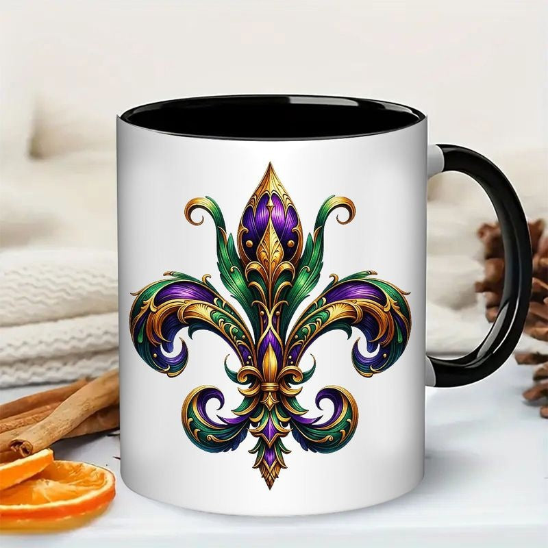 Tailorly Black Accent 11 oz Mug - new orleans iconic design purple green golden