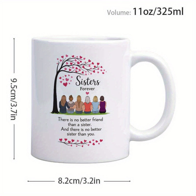 Tailorly White Ceramic 11 oz Mug - Sisters Forever There Is No Better Friend Than A Sister And There Is No Better Sister Than You Silhouette Tree With Pink Heart