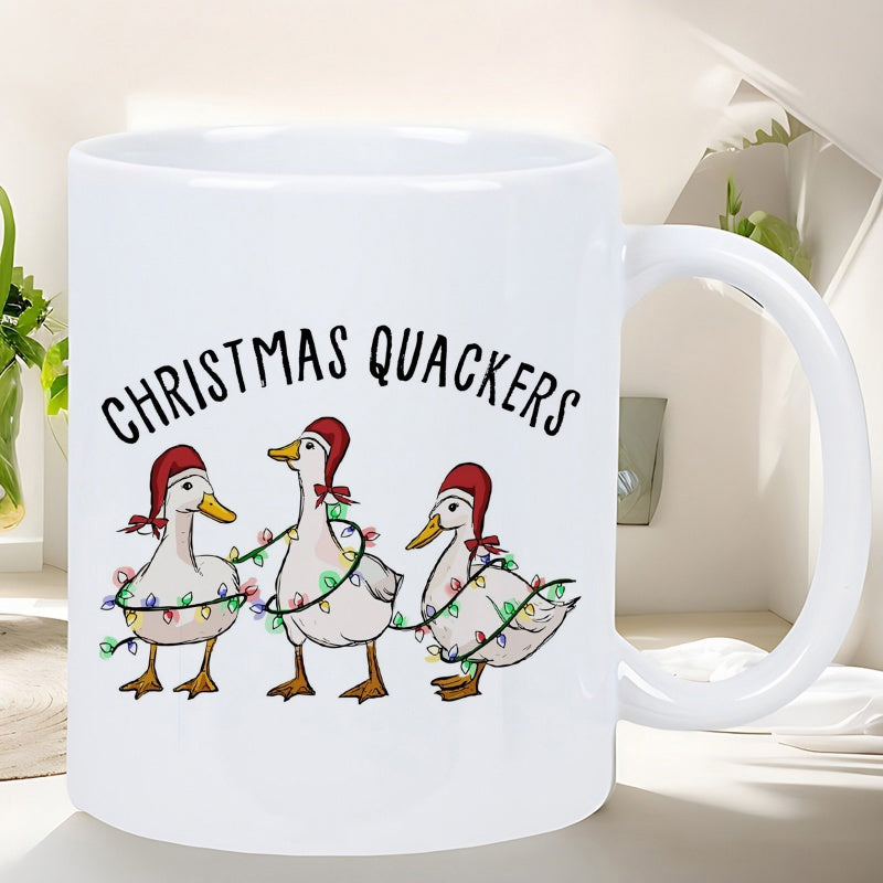 Tailorly White Ceramic 11 oz Mug - Christmas Quackers Festive White Ducks Wearing Red Hats Wrapped In Colorful Holiday Lights Ducks
