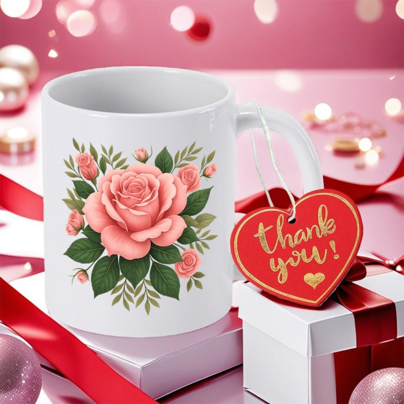 Tailorly White Ceramic 11 oz Mug - Thank You Elegant Blooming Pink Roses With Lush Green Leaves And Delicate Buds Rose
