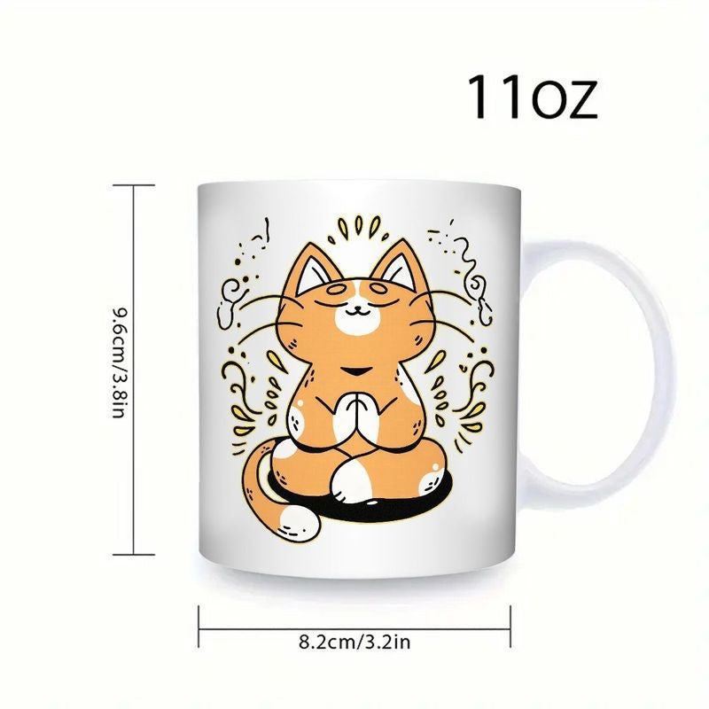 Tailorly White Ceramic 11 oz Mug - Serene Meditating Orange Cartoon With Decorative Whimsical Swirls And Peaceful Atmosphere Cat