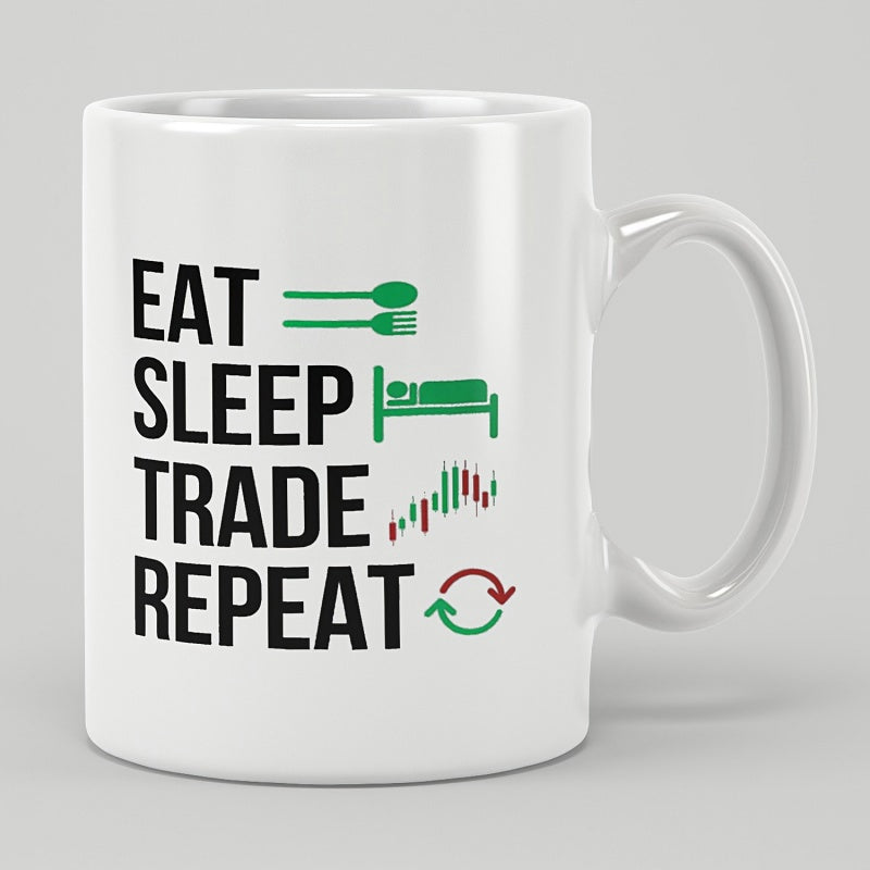 Tailorly White Ceramic 11 oz Mug - Eat Sleep Trade Repeat Minimalist Financial Candlestick Chart With Lifestyle Icons And Arrows Design