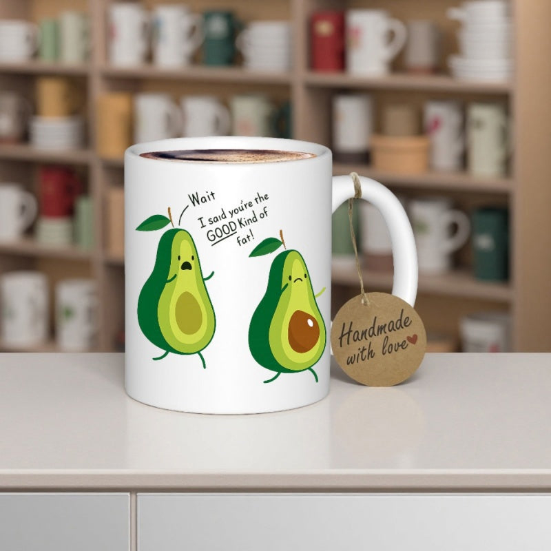 Tailorly White Ceramic 11 oz Mug - Wait I Said Raise The Good Kind Of Fat Handmade With Love Two Adorable Cartoon Characters With Expressive Faces Walking Together