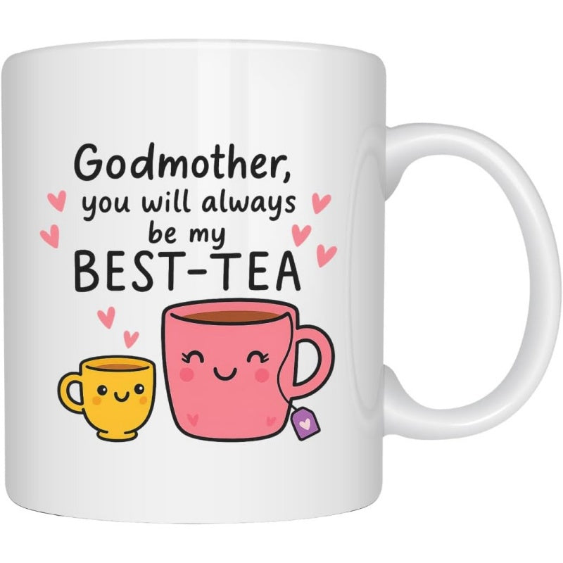 Tailorly White Ceramic 11 oz Mug - Godmother You Will Always Be My Best Tea Cute Smiling Cartoon Pink And Yellow Cups With Floating Tiny Hearts Teacup