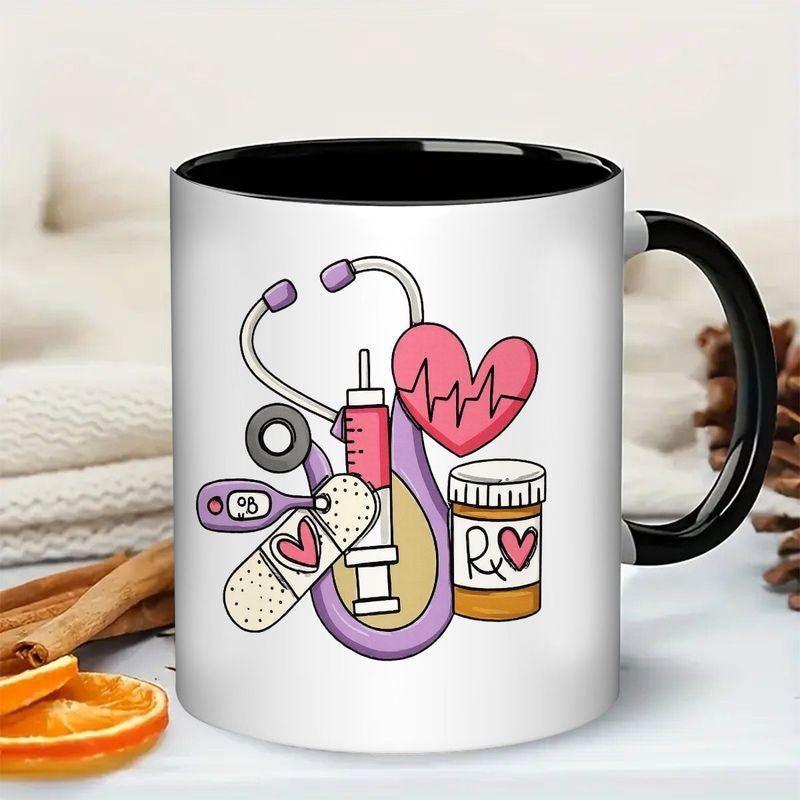 Tailorly Black Accent 11 oz Mug - stethoscope heartbeat medicine pill