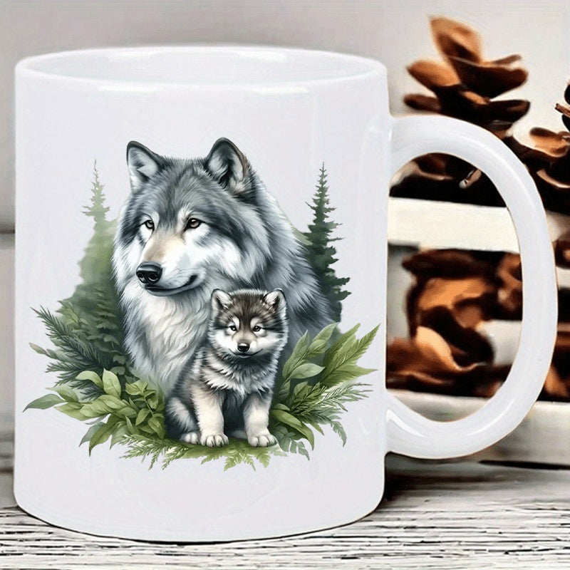 Tailorly White Ceramic 11 oz Mug - Majestic Grey Adult Wolf With Cute Cub Among Evergreen Trees Wolf
