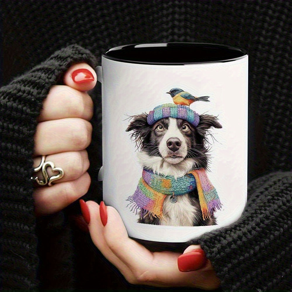 Tailorly Black Accent 11 oz Mug - Cute character wearing hat and scarf with bird illustration