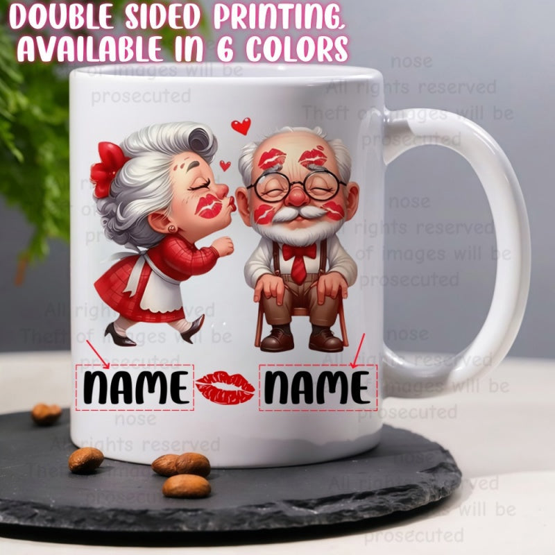 Tailorly White Ceramic 11 oz Mug - Name Name Cuddly Elderly Cartoon Figures With Heart Symbols And Red Kiss Marks Couple