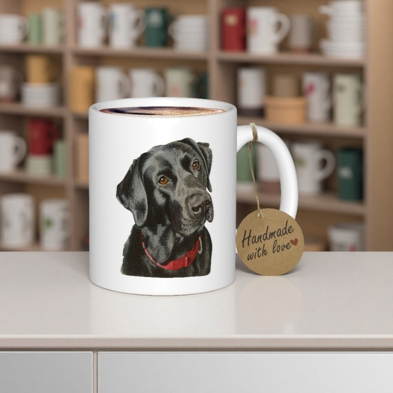 Tailorly White Ceramic 11 oz Mug - Realistic Black Labrador Portrait Wearing A Vibrant Red Collar Looking Forward Dog
