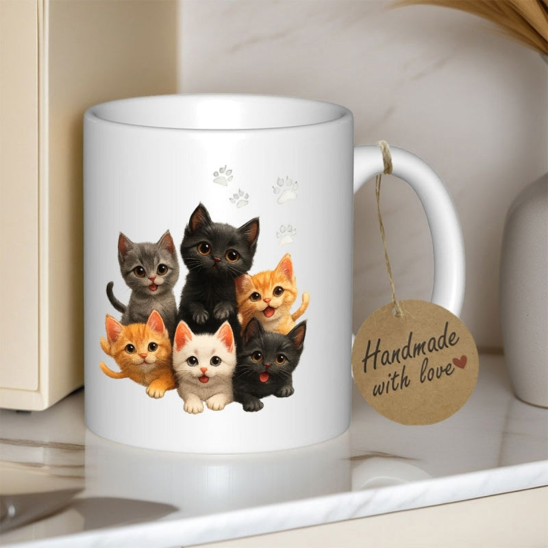 Tailorly White Ceramic 11 oz Mug - Handmade With Love Six Adorable Multi Colored Fluffy Kittens Huddling Together Kittens