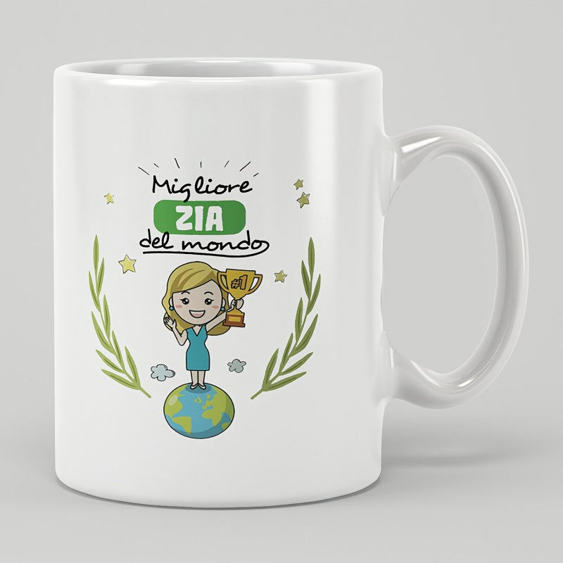 Tailorly White Ceramic 11 oz Mug - Cute Cartoon Woman Holding Golden Trophy Standing On Earth Globe Woman