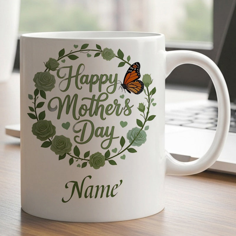 Tailorly White Ceramic 11 oz Mug - Happy Mother's Day Elegant Green Roses And Butterfly Arranged In A Circular Floral Wreath