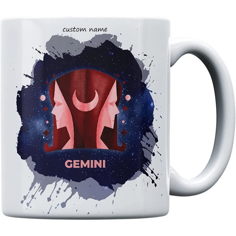 Tailorly White Ceramic 11 oz Mug - Gemini Artistic Twin Profiles Floating Within Dark Celestial Galaxy Nebula Gemini