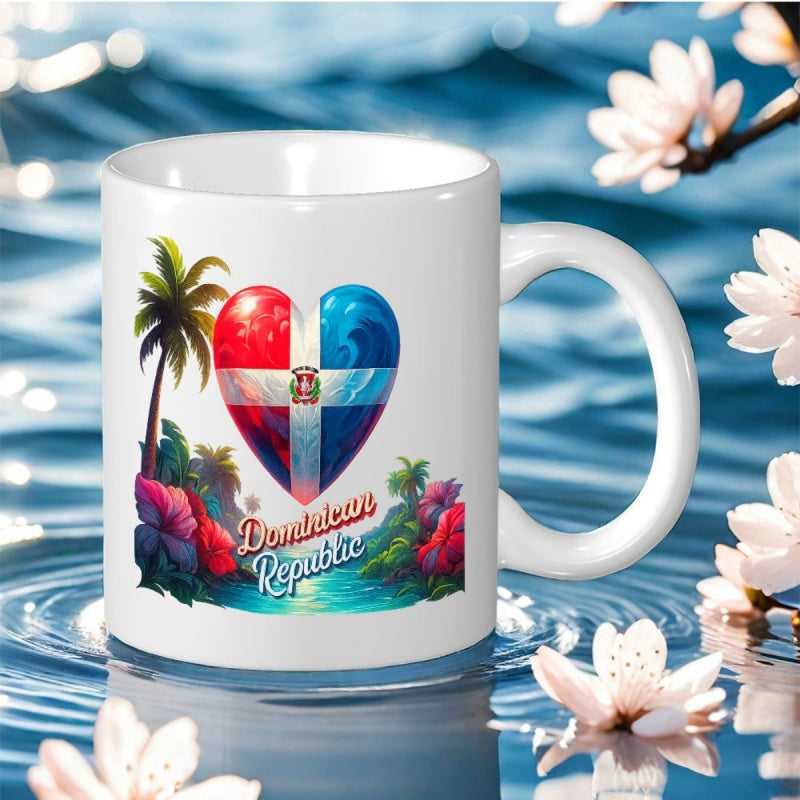Tailorly White Ceramic 11 oz Mug - Dominican Republic Tropical Palm Tree And Flowers Surrounding A Heart Shaped Flag Mug