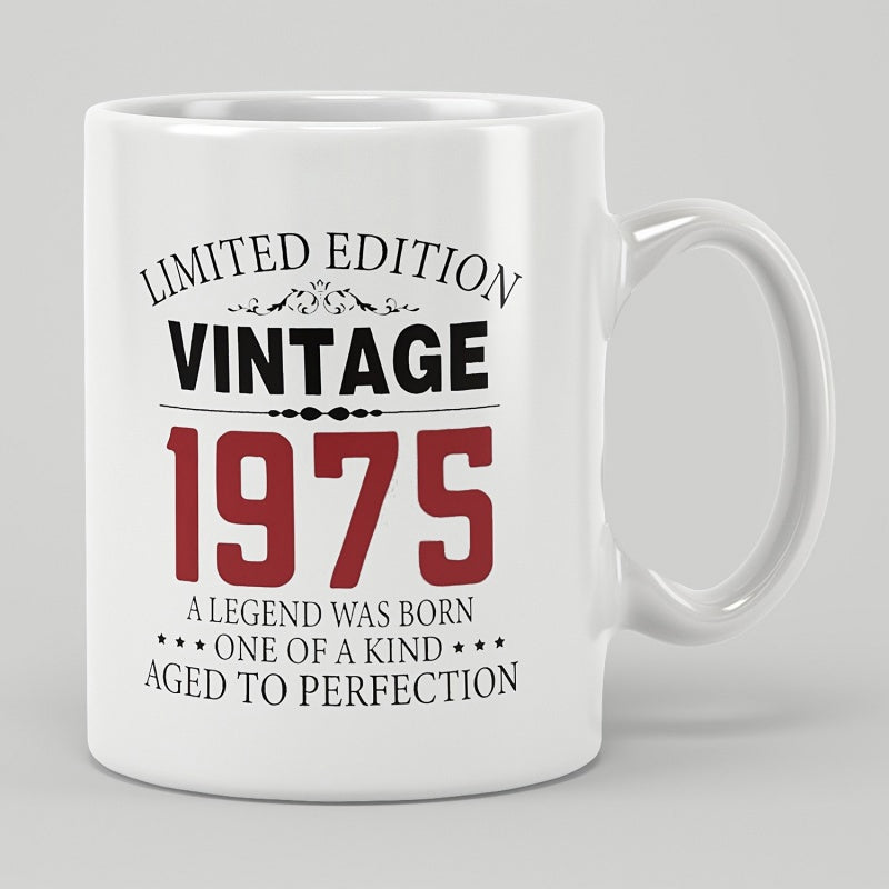 Tailorly White Ceramic 11 oz Mug - Limited Edition Vintage 1975 A Legend Was Born One Of A Kind Aged To Perfection Ornate Decorative Typography Printed On A Clean