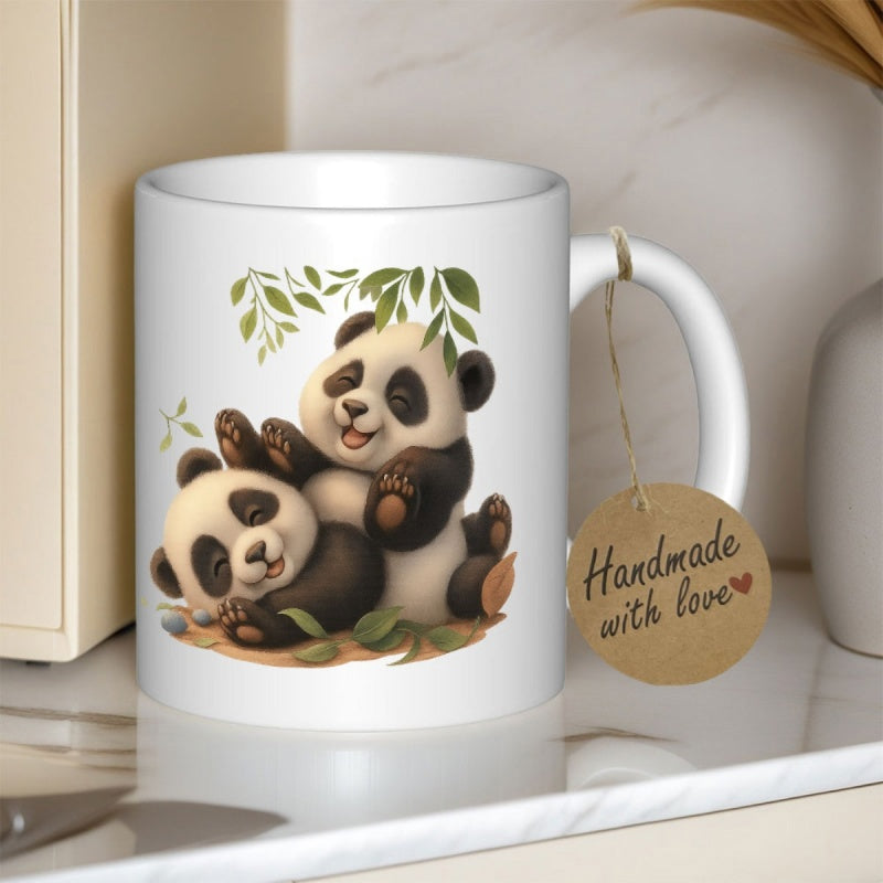 Tailorly White Ceramic 11 oz Mug - Handmade With Love Two Playful Giant Pandas Sitting Together Under Lush Green Bamboo Leaves Panda