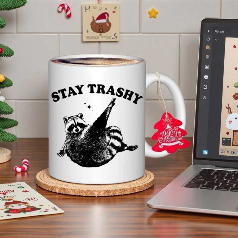 Tailorly White Ceramic 11 oz Mug - Stay Trashy Playful Hand Drawn Illustration Lying On Back With Leg Raised Raccoon