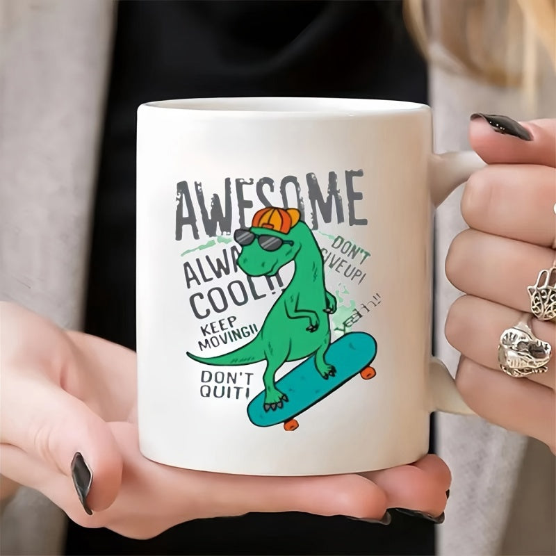Tailorly White Ceramic 11 oz Mug - Awesome Always Cool Keep Moving Don't Quit Don't Give Up Smash It Cool Green T Rex Wearing Sunglasses And Cap Riding A Teal