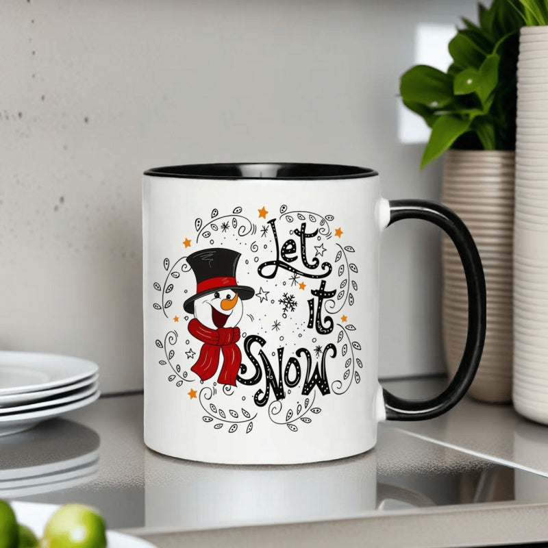 Tailorly Black Accent 11 oz Mug - black snowman and snowflake design