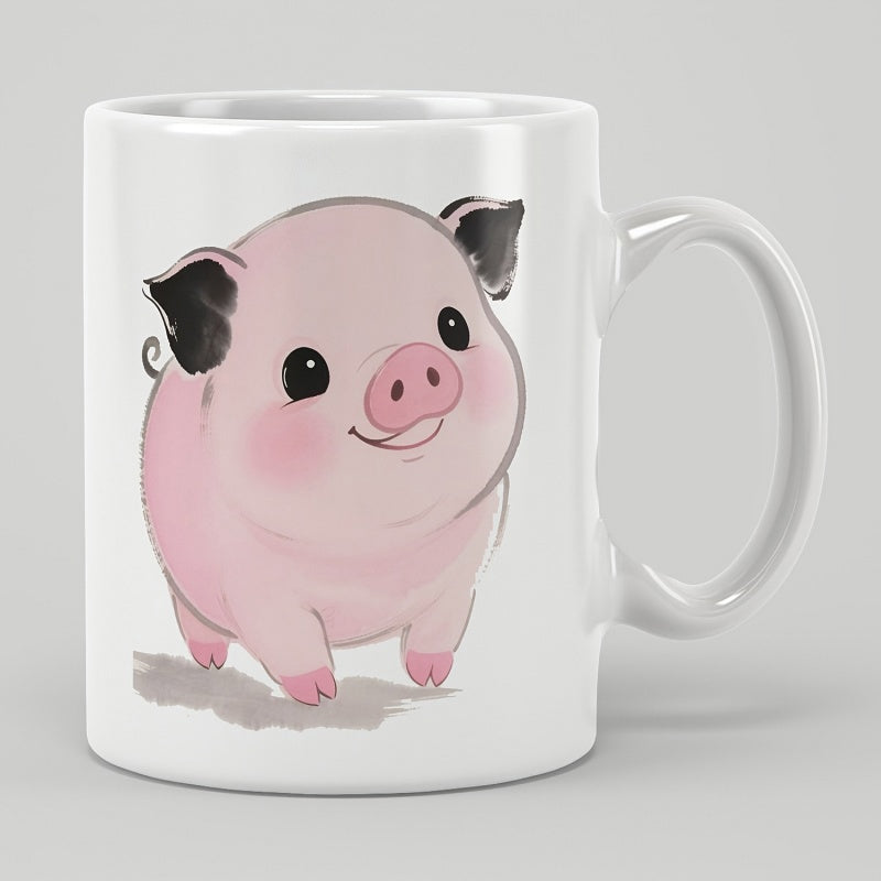 Tailorly White Ceramic 11 oz Mug - Adorable Pink Cartoon Piglet Standing On Soft Gray Ground Shadow Pig