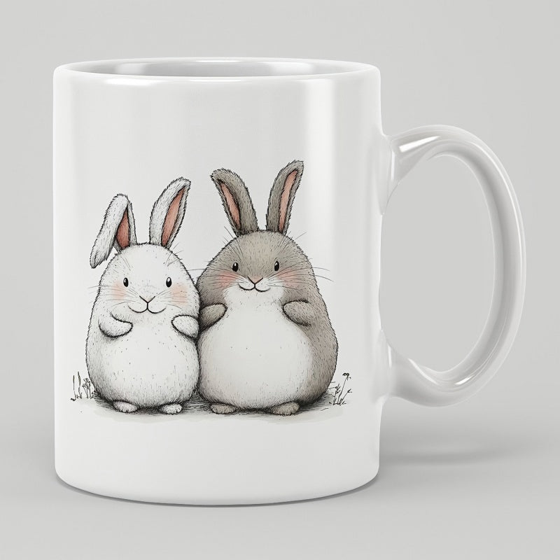 Tailorly White Ceramic 11 oz Mug - Two Fluffy Round Cartoon Bunnies With Rosy Cheeks Standing Together Rabbit