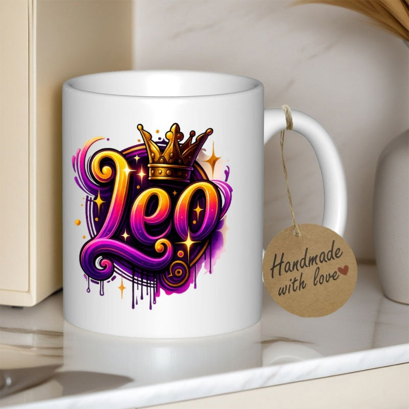 Tailorly White Ceramic 11 oz Mug - Leo Vibrant Purple And Orange Swirls Featuring A Majestic Golden Royal Crown