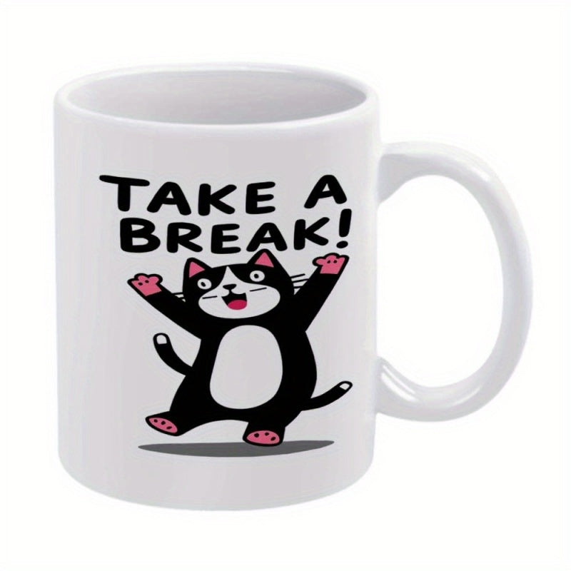 Tailorly White Ceramic 11 oz Mug - Take A Break Joyful Cartoon Black Cat With Arms Raised Among Pink Paws Cat
