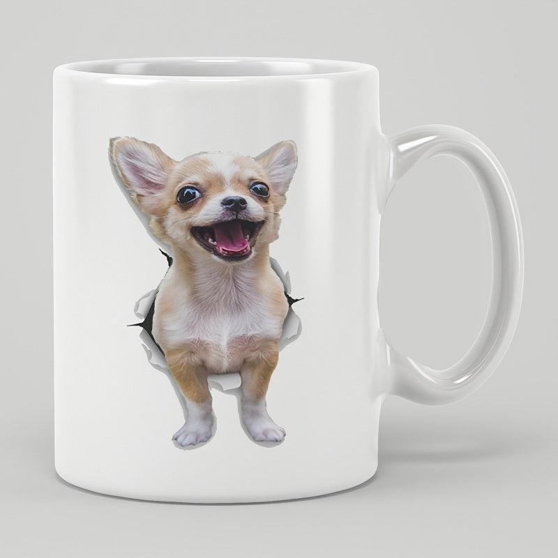 Tailorly White Ceramic 11 oz Mug - Smiling Little Puppy Peeking Out From A Realistic Torn Paper Hole Chihuahua