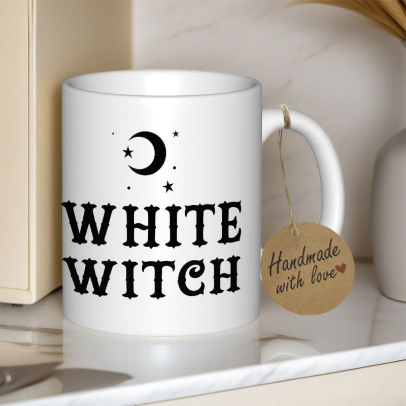 Tailorly White Ceramic 11 oz Mug - White Witch Minimalist Celestial Crescent Moon Surrounded By Stars In Black Ink Mug