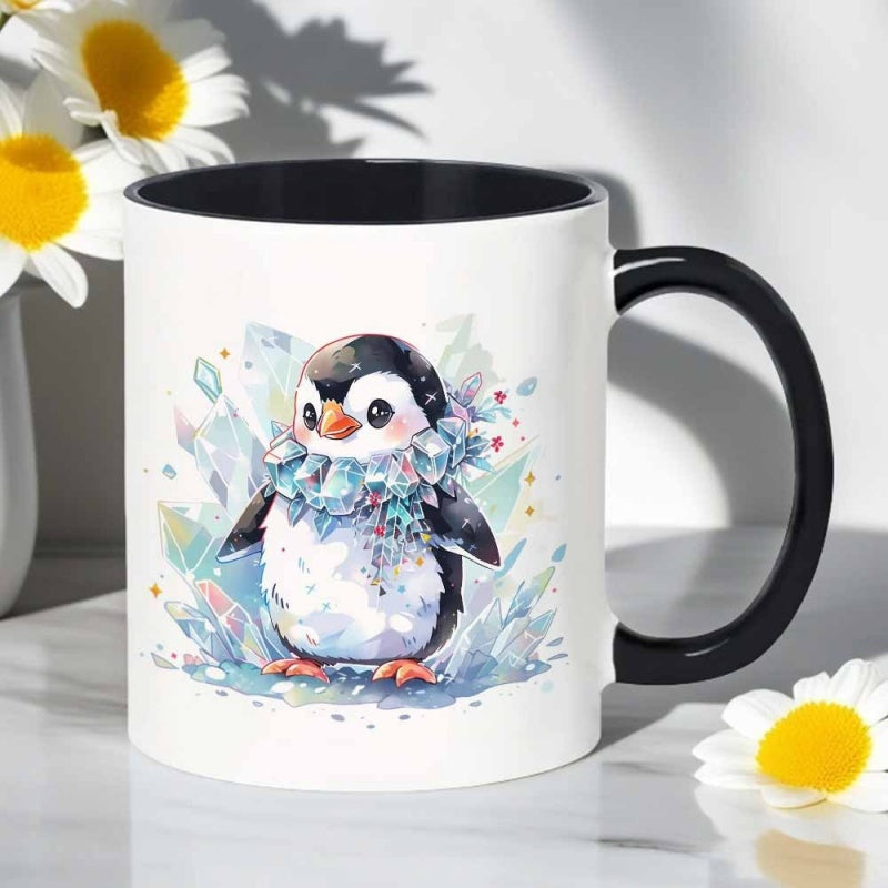 Tailorly Black Accent 11 oz Mug - cute penguin with snowflake feathers