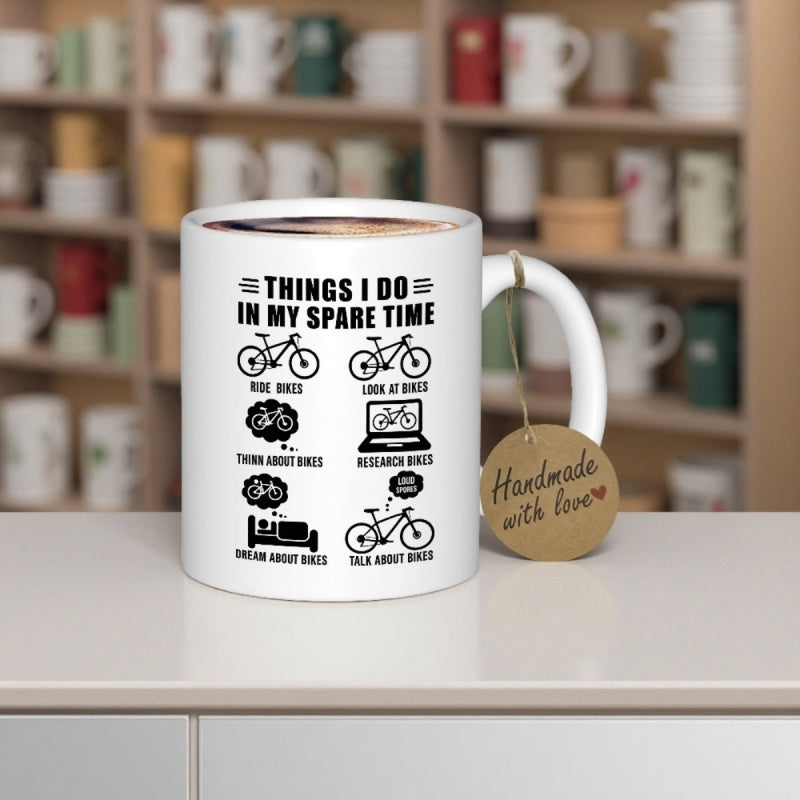Tailorly White Ceramic 11 oz Mug - Things I Do In My Spare Time Minimalist Black Line Icons Showcasing Various Activities Related To Cycling Grid Bicycle