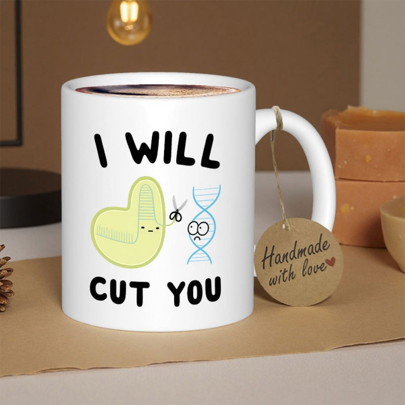 Tailorly White Ceramic 11 oz Mug - I Will Cut You Cute Yellow Cartoon Protein Holding Scissors Cutting A Blue Double Helix Illustration