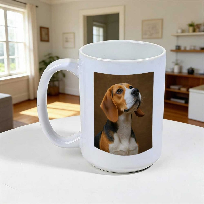 Tailorly White Ceramic 11 oz Mug - Realistic Portrait Of A Loyal Dog Looking Upwards With Focused Eyes Beagle