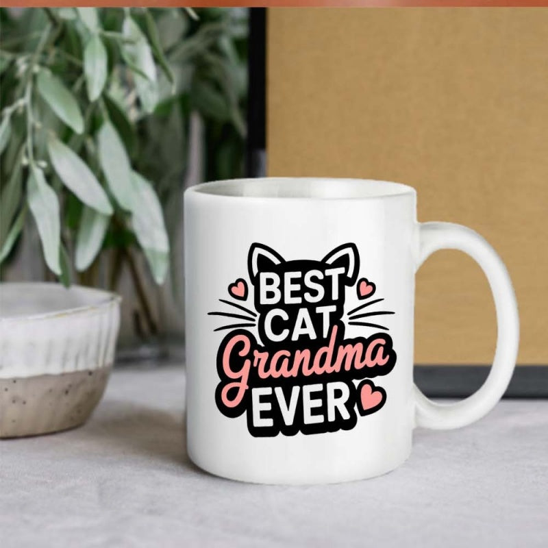 Tailorly White Ceramic 11 oz Mug - Best Cat Grandma Ever Stylized Black Outlines With Delicate Pink Hearts And Whiskers Cat